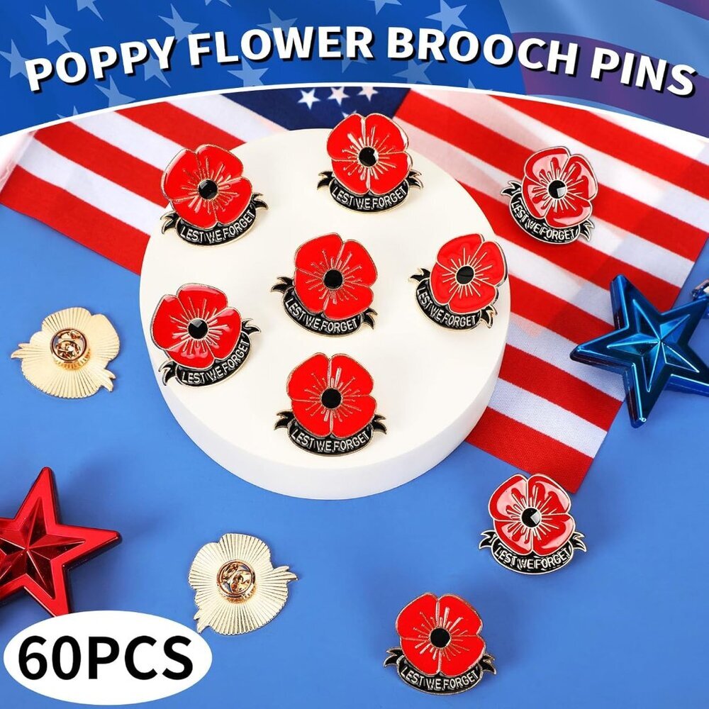 Red Poppy Flower Brooch Pins 60Pcs Memorial Lapel Badges Long-Lasting Enamel Acc - Picture 3 of 7